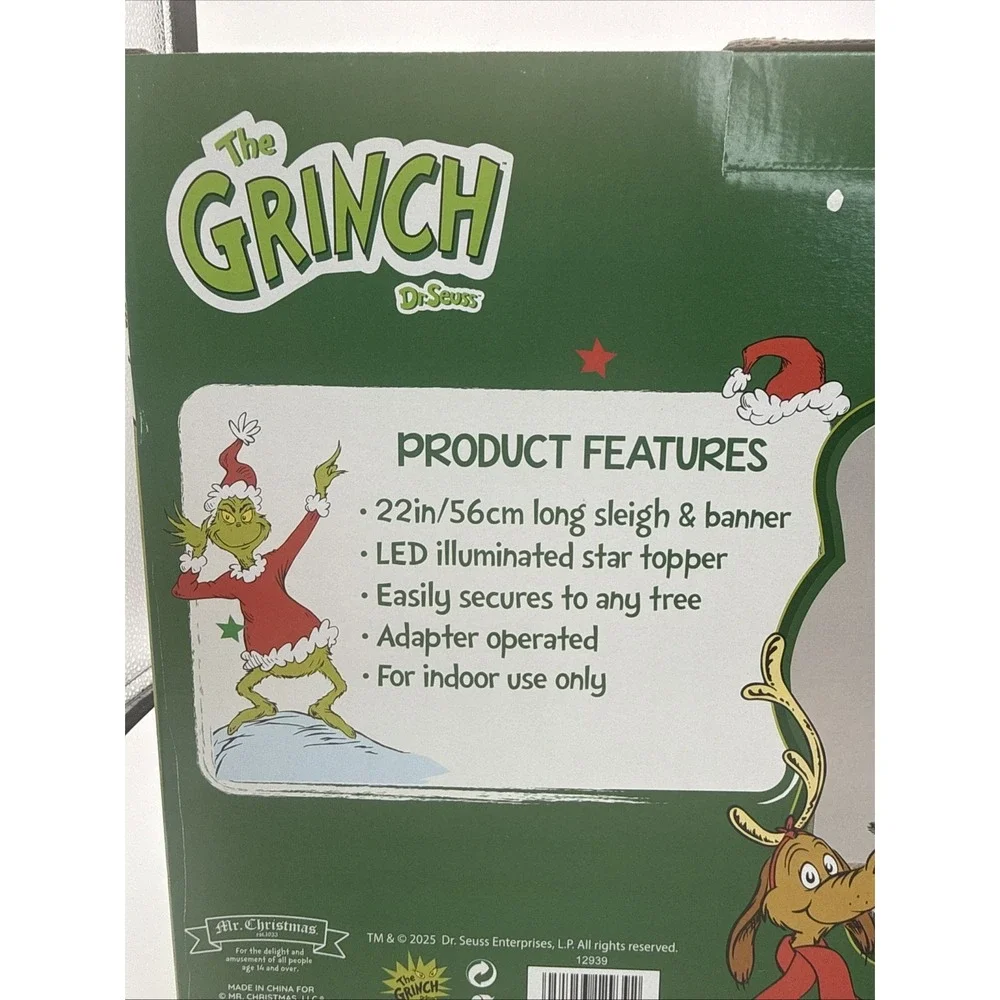 Grinch Animated Christmas Tree Topper Lit Star & Circling Sleigh Mr. Christmas